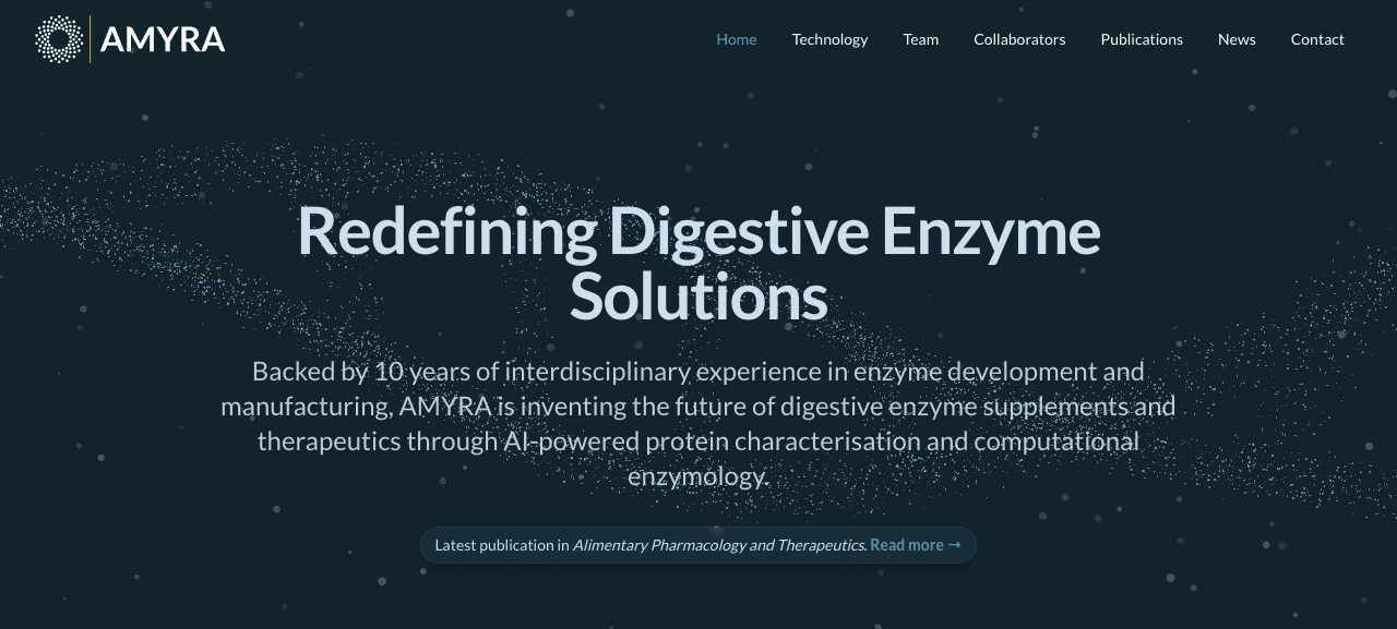 AMYRA website with a particle animation and the headline Redefining Digestive Enzyme Solutions