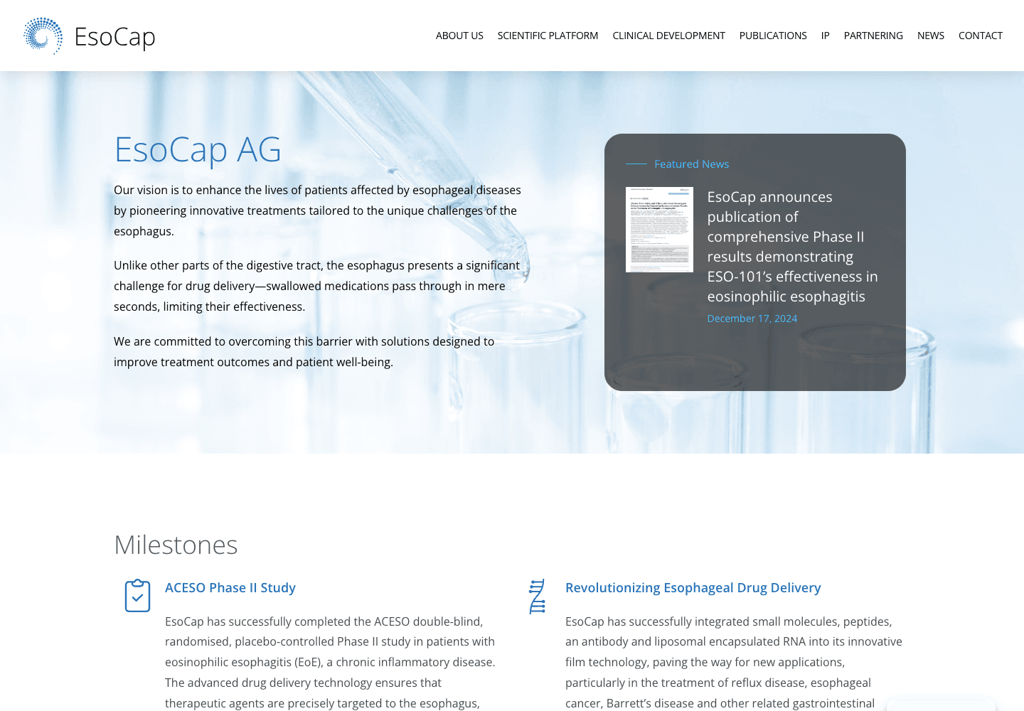 EsoCap website homepage with its scientific platform and clinical-development news