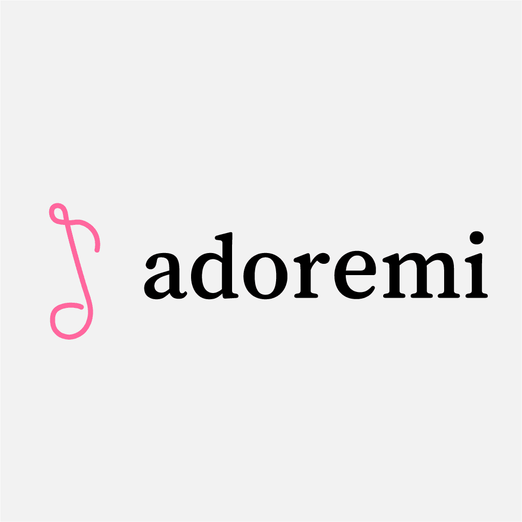 Black wordmark with a pink musical symbol