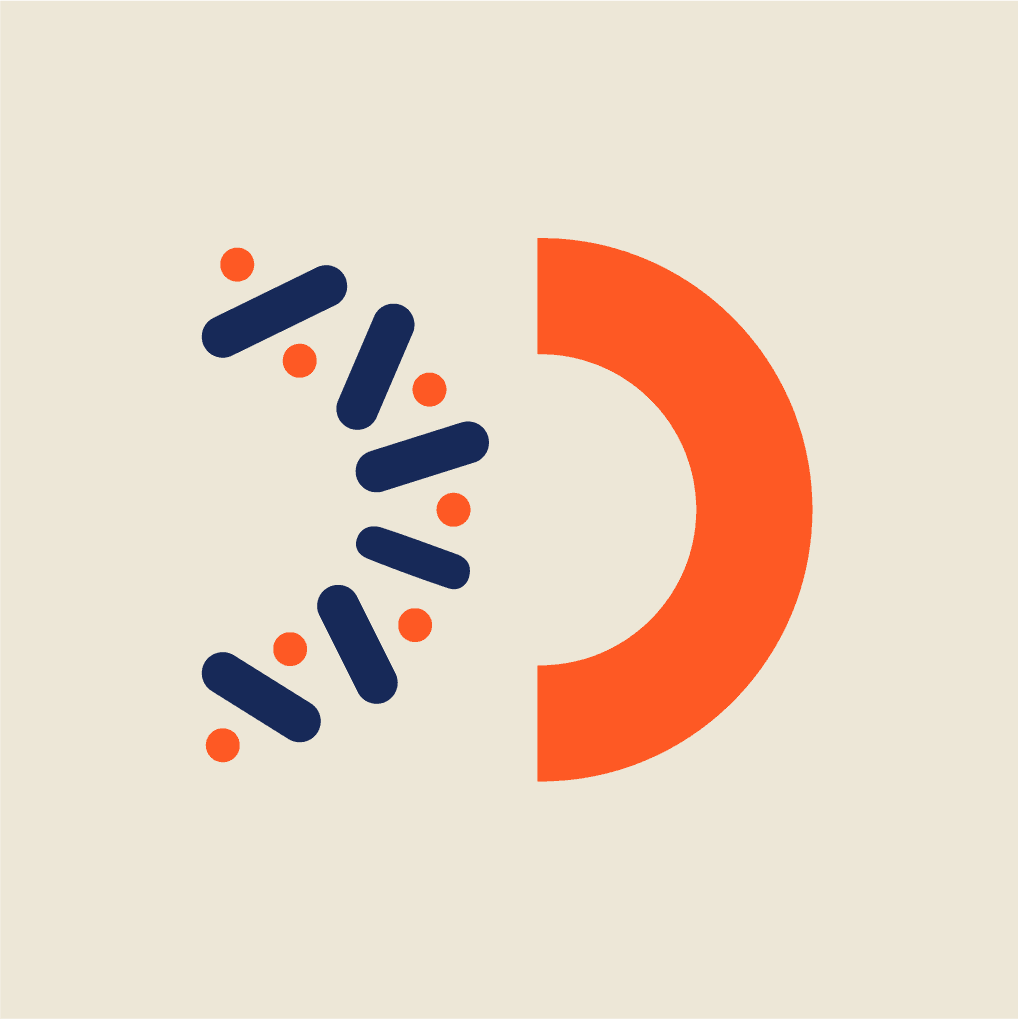 Orange semicircle and scattered navy strokes