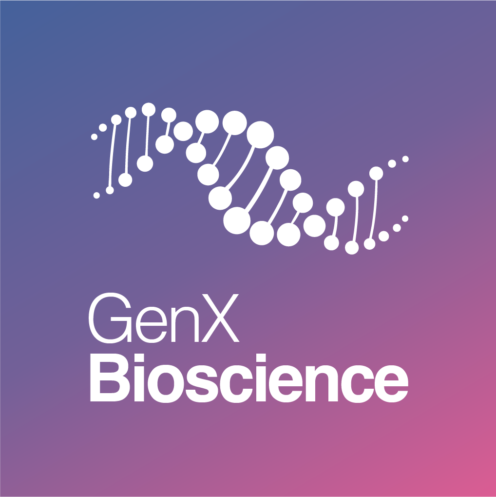 White DNA helix and wordmark on a purple gradient