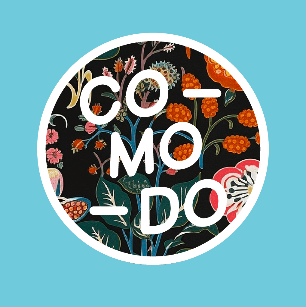 Circular illustrated wordmark on turquoise
