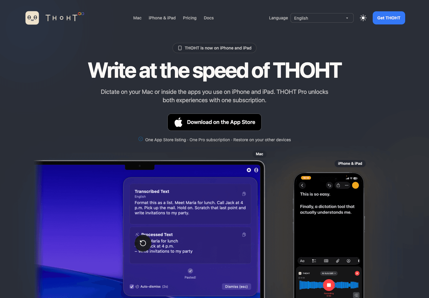 THOHT public website showing its dictation experiences for Mac, iPhone and iPad
