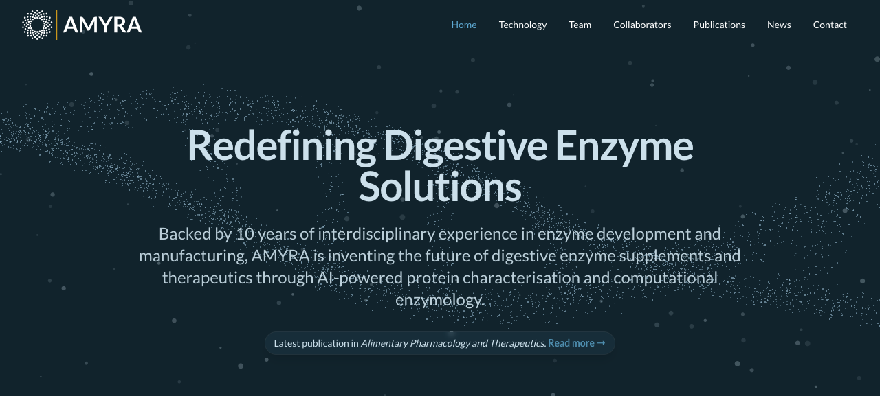 AMYRA website with a particle animation and the headline Redefining Digestive Enzyme Solutions